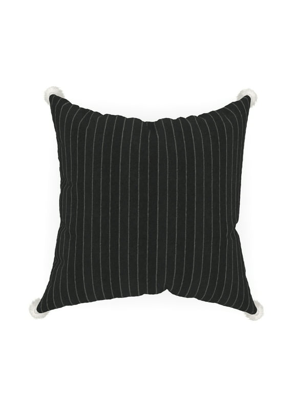 Decorative Throw Pillow Cover, 18 x 18, Black and White, Yarn Dye Pinstripe with Corner Tassels for Living Room, Bed, and Sofa