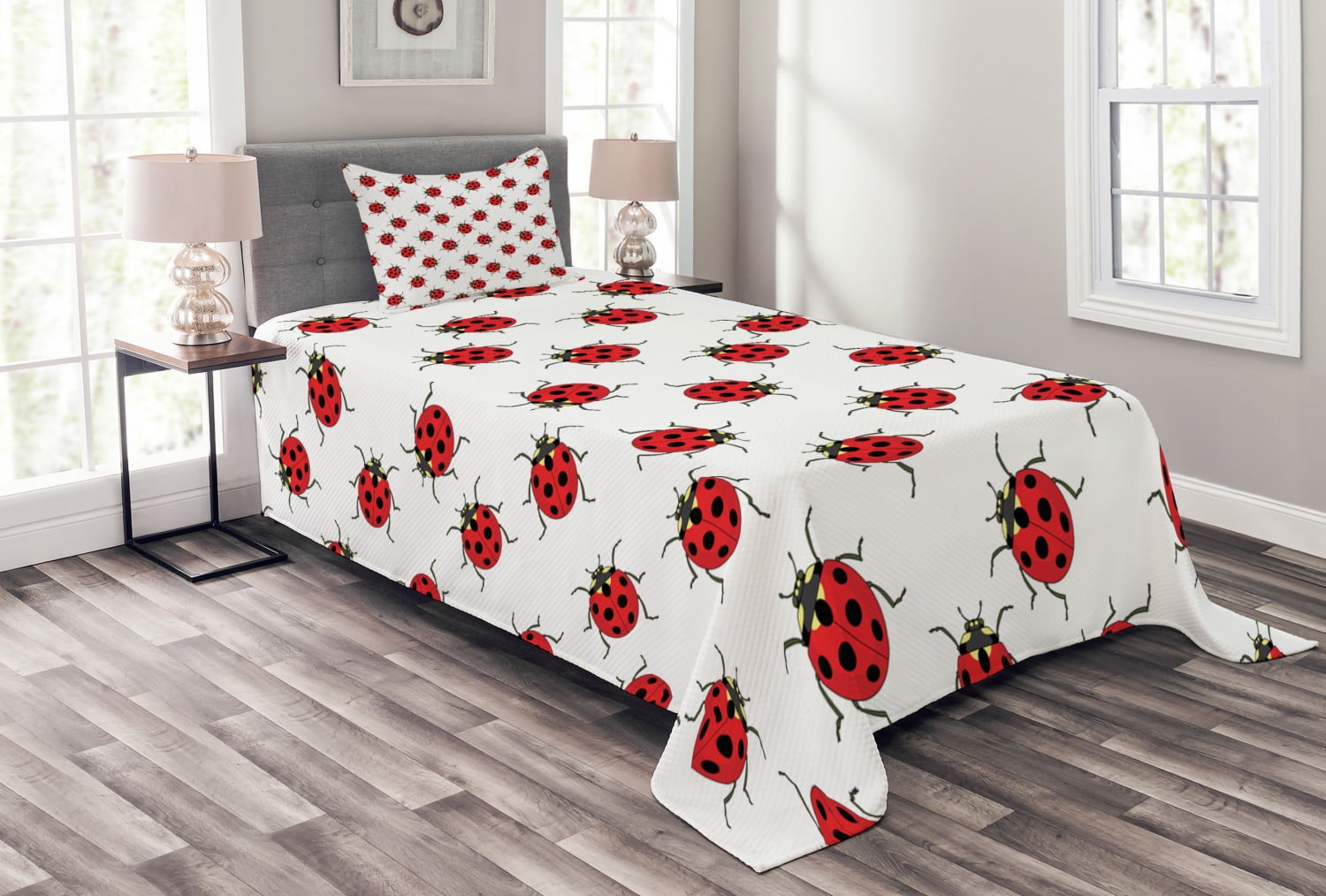 Kids Quilted Bedspread & Pillow Shams Set Cute Ladybugs Patterns Print 