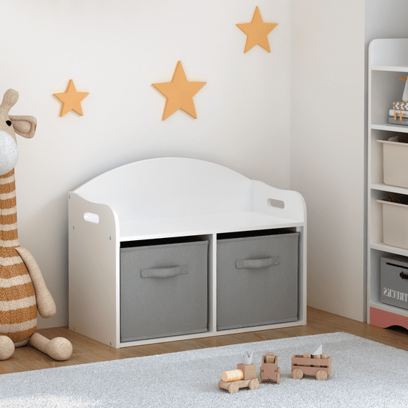 Hassch Storage Chest, 24.61" Wooden Toys Box/Bench with 2 Collapsible Fabric Drawers, Entryway Shoe Bench, Kids Toy Storage Cabinet Organizer, Easy Assembly, White