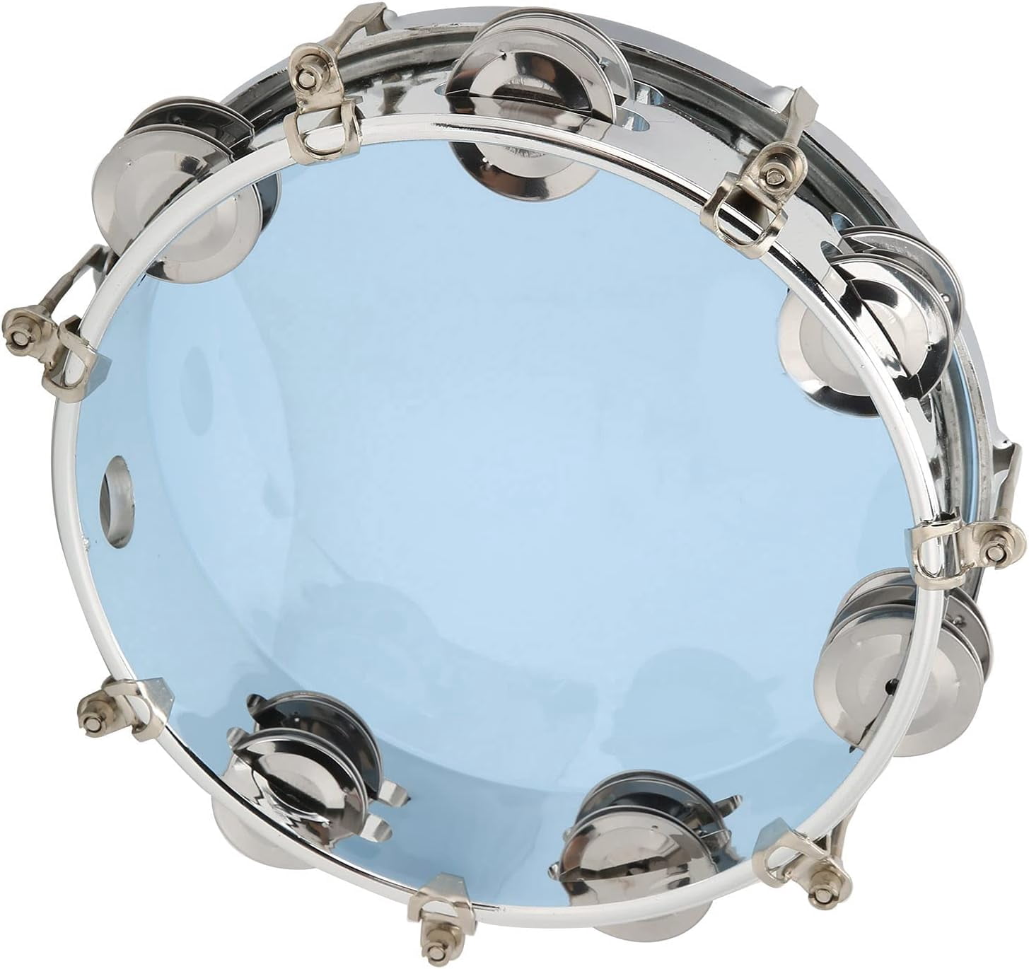 ABCISI 8 Inch Tambourine, Double Row Metal Jingles Hand Held Percussion Instrument with Drum Key for Church Worship Band Adults Beginners (Blue)