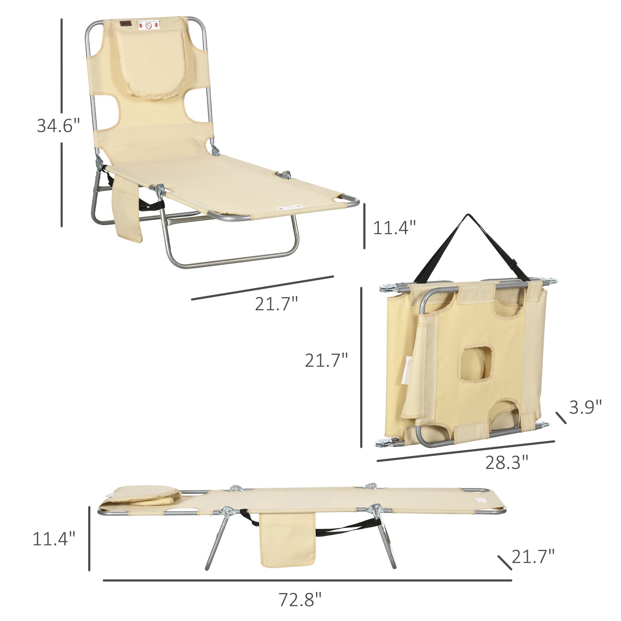 5-Position Reclining Facing Down Tanning Lounge Chair, Foldable Beach Chaise Lounge with Face Hole, Side Storage Pocket, Supports 264 LBS for Patio Poolside Outdoor Sunbathing