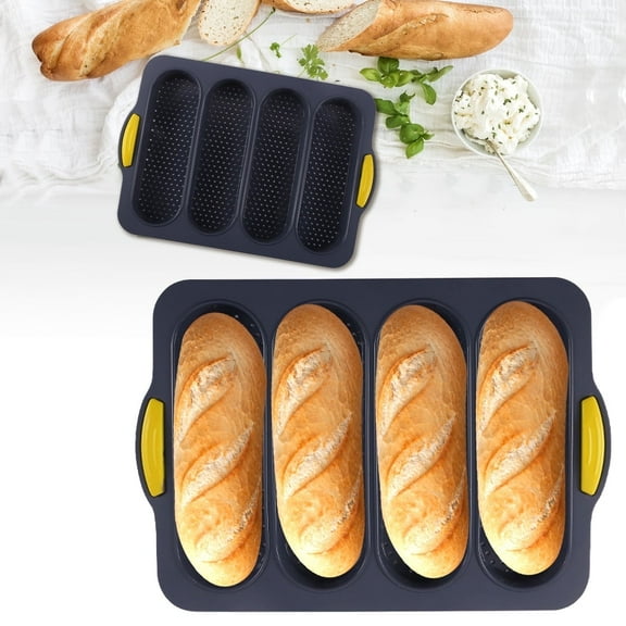 Qenwkxz 4 Slot Silicone Pan Non-Stick French Bread Baking Pan Professional Hot Dog Bun Tray Mold for Homemade Bread Baking 13.39*9.45*0.98in Black