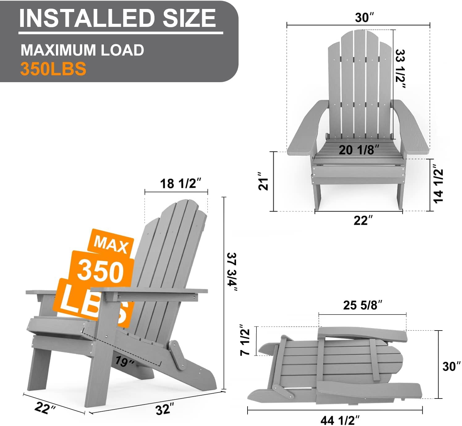 WINSOON Folding Adirondack Chair and Table Set 3 PCS Garden Outdoor Patio , Grey Finish