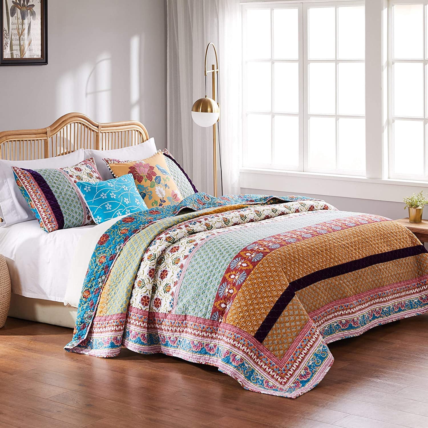 Global Trends Tori Reversible 100% Cotton Quilt Set, Modern Bohemian, All Ages, 4-Piece Twin/Twin XL