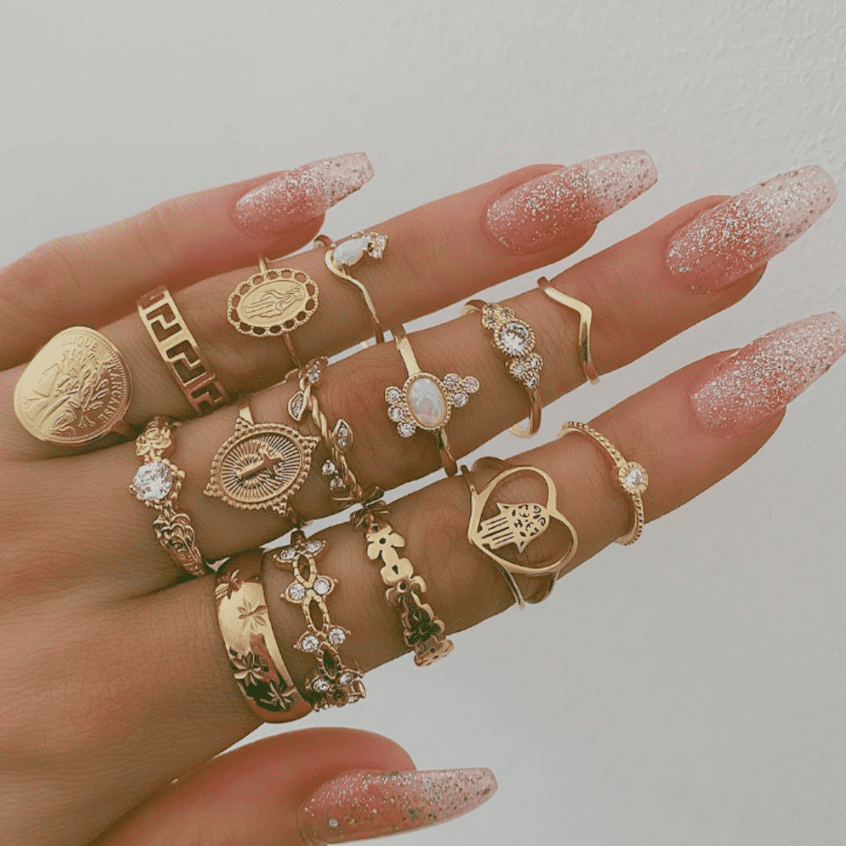 Set of 6 Rings Boho Knuckle Heart Star Love Diamond Fashion Thumb Stack Jewelry