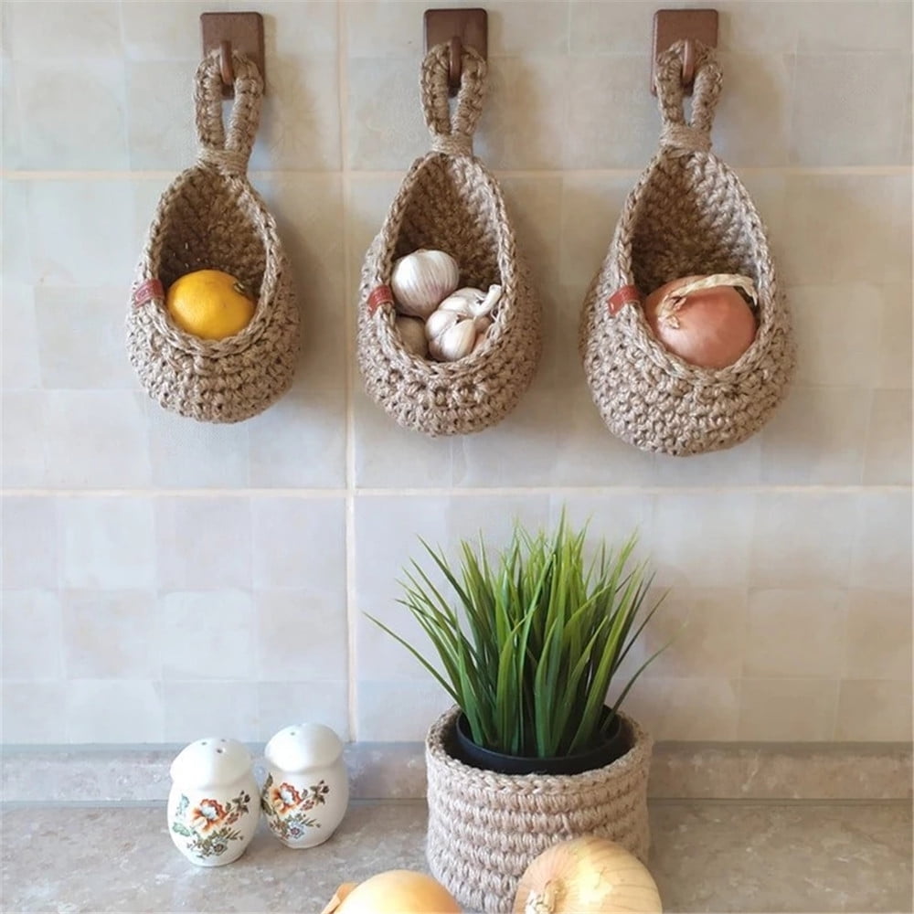 SDOTXA Hanging Wall Vegetable Fruit Baskets Jute Hanging Basket Wall planters Teardrop Hanging Basket Kitchen Hanging Storage Farm House Basket By
