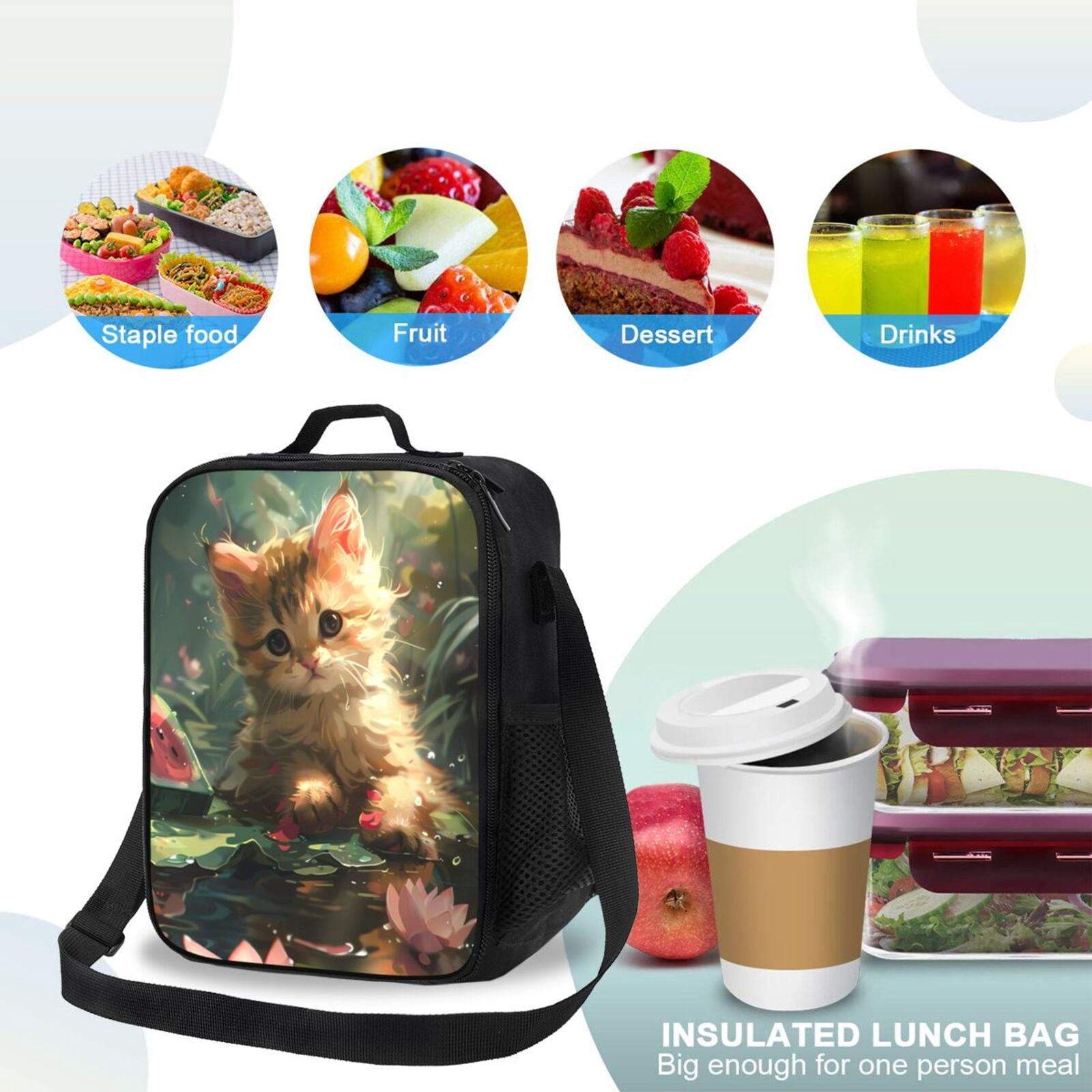Ratiio Cute Kitten Water Lilies Print Lunch Box - Reusable Lunch Bag Men Adult Women- Insulated LunchBox