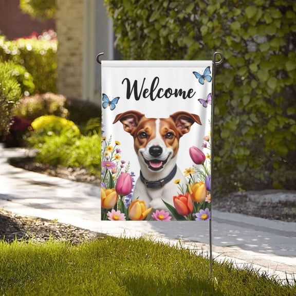Welcome Spring Garden Flag Cute Jack Russell Terrier With Flowers & Butterflies Double Sided 12x18 Inch Yard Garden Outdoor Décor Home Gifts for Men Women Birthday Gifts Memorial Day