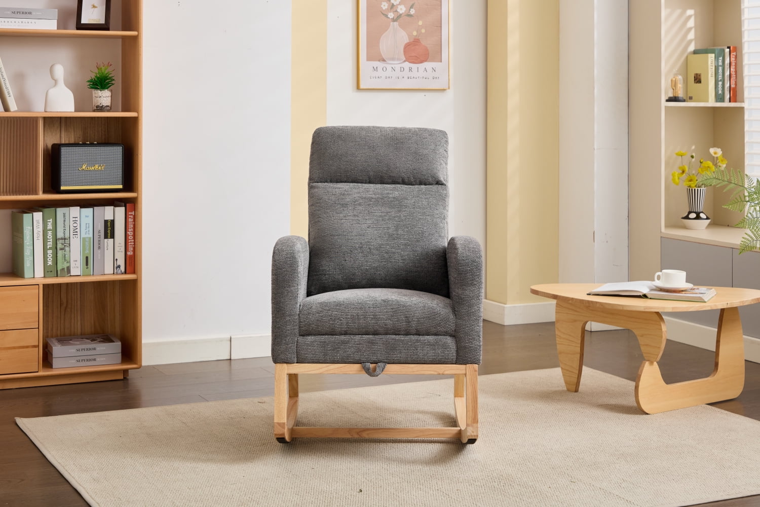Lisonu Modern Nursery Glider Rocking Chair, Upholstered High-Back Rocker in Dark Gray Teddy Fabric, Comfy Lounge Armchair with Side Pocket & Solid Wood Legs