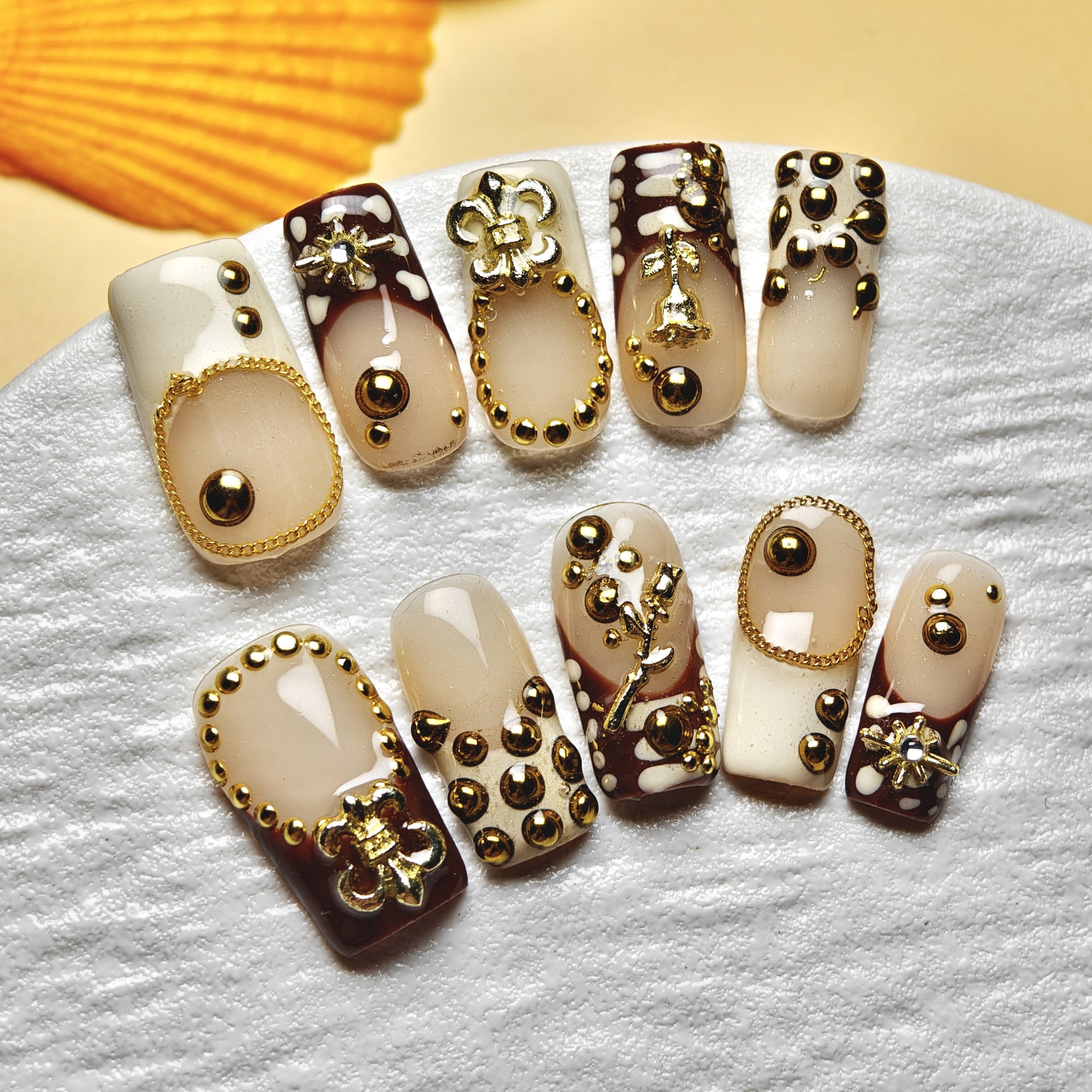 10pcs Square Medium Handmade Y2K Nails - Brown & Nude Designs, 3D Gold Beads, Chains & Floral Accents, Summer, Independence Day, Goth & Vintage Style