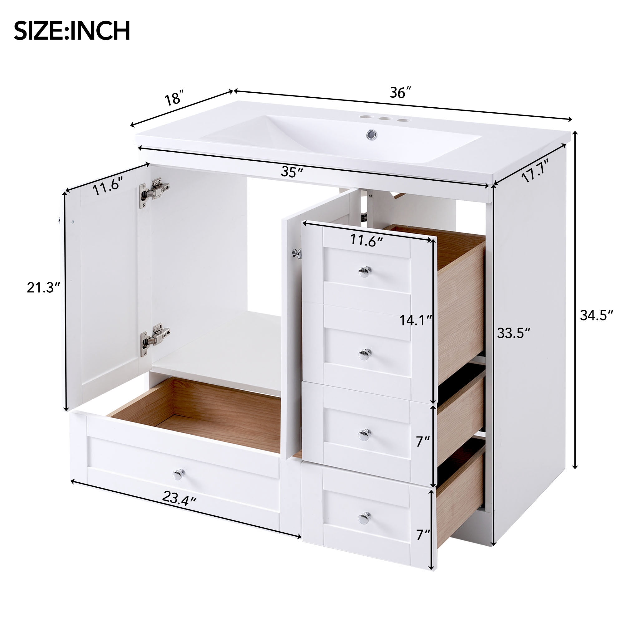 Shaker Style Bathroom Vanity with Ceramic Sink, 4 Soft Close Drawers and 2 Doors, 36" White for Ample Storage