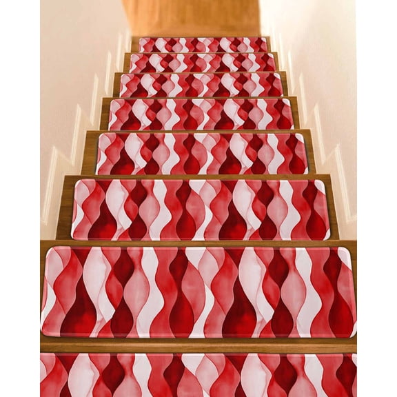 Red Striped Stair Treads for Wooden Steps Indoor Runner Rug Carpet, Modern Gradient Geometric Ripple Stripes 4 Pieces Peel and Stick Staircase Step Treads Covers Washable Throw Door Mats, 30"x8"