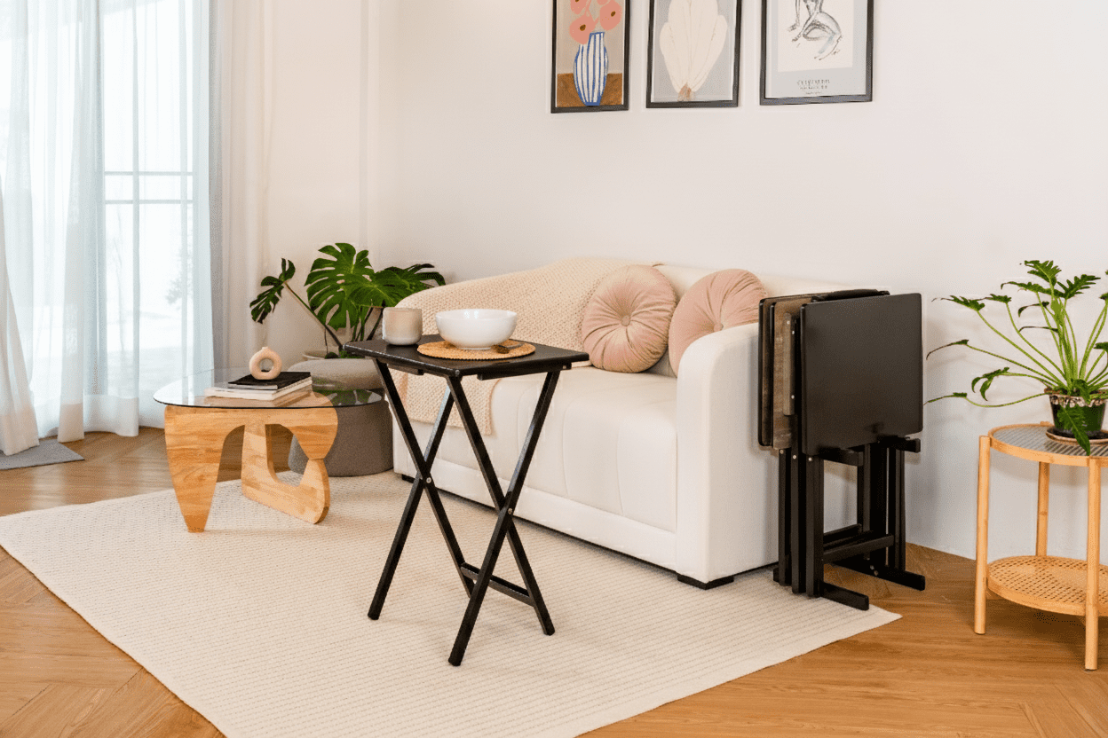 Mainstays 4-Piece Black Rubberwood Indoor Folding TV Tray Table Set with Storage Rack