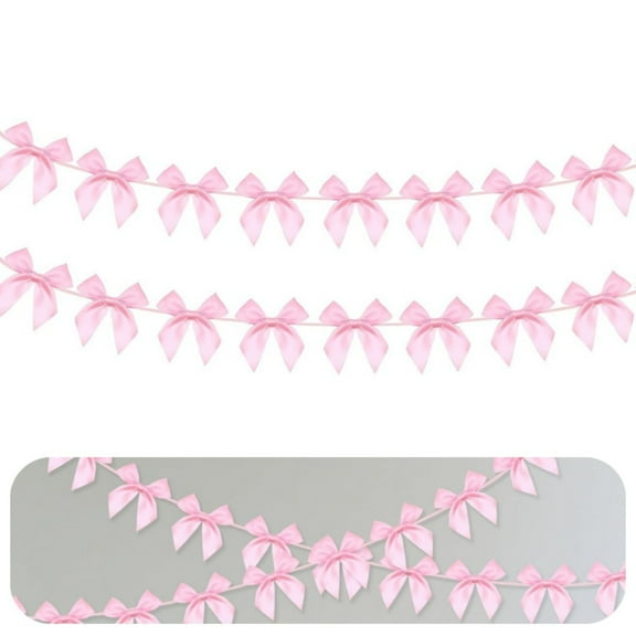 QZS Pink Ribbon Bow Party Decorations,Pre-Strung Hanging Garland for Wedding,2Pcs Satin Ribbon Ornaments for Bachelorette Party,Bridal Shower