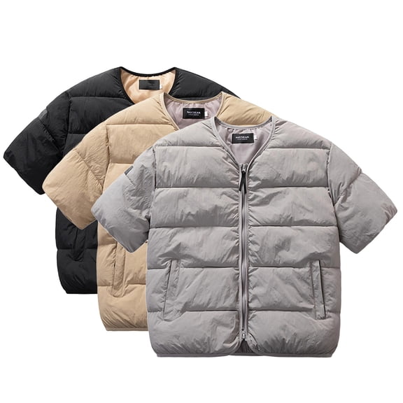 FRSASU Men's Short Sleeve Puffer Cardigan Jackets Zip up Windproof Warm Padded Jackets Coat Lightweight Quilted Gilet with Pockets Khaki