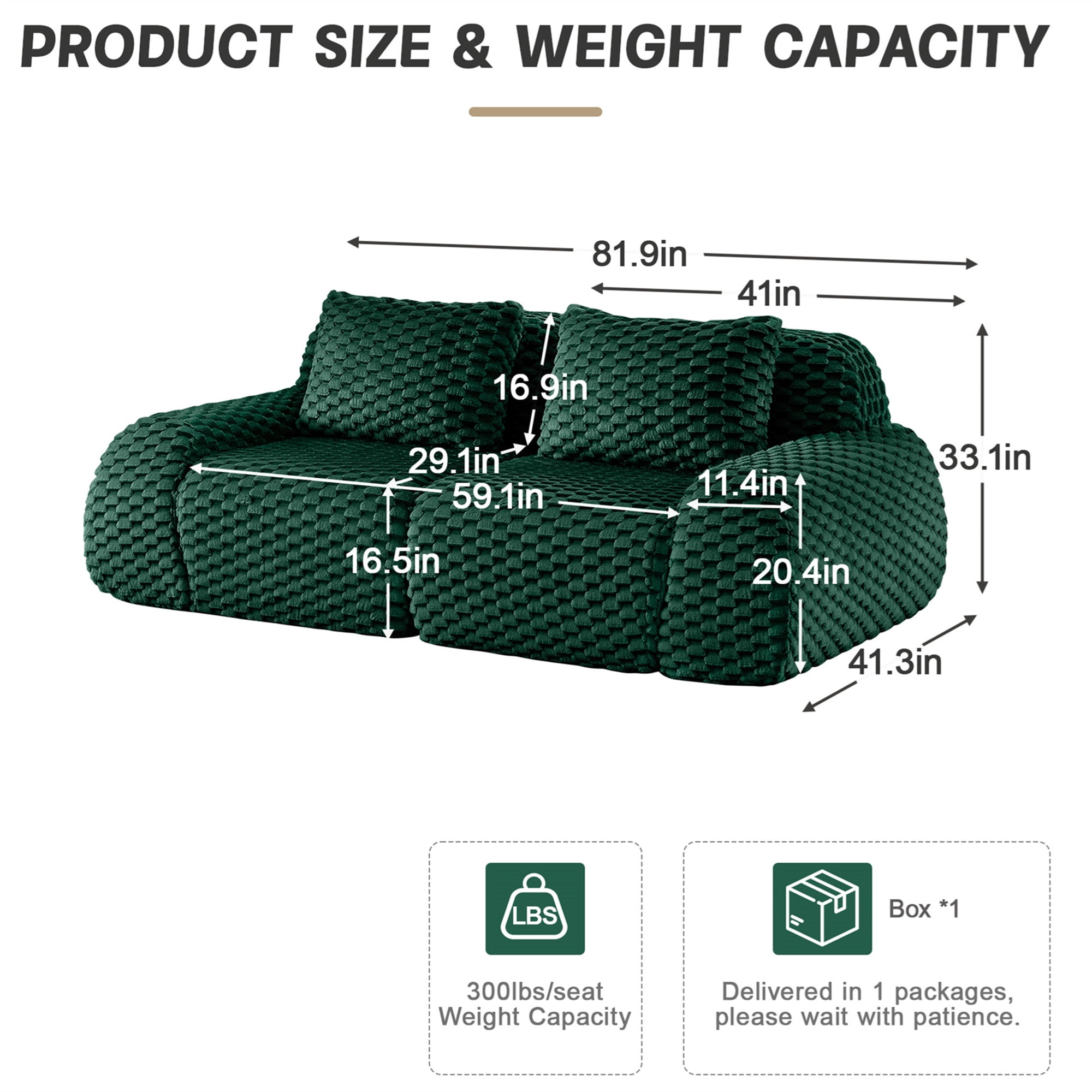 Aukfa 82" Overstuffed Cloud Sectional Sofa Modular Boneless Couch Loveseat for Living Room, 2 Pillows, Flannel, Green