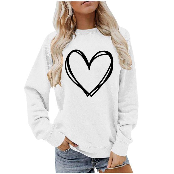 BLVB Chandail à Col Rond pour Femmes, Imprimé de Cœur, Manches Longues, Mignon, Coupe Ample, Léger, Hauts d'Automne, Cadeaux de la Saint-Valentin
