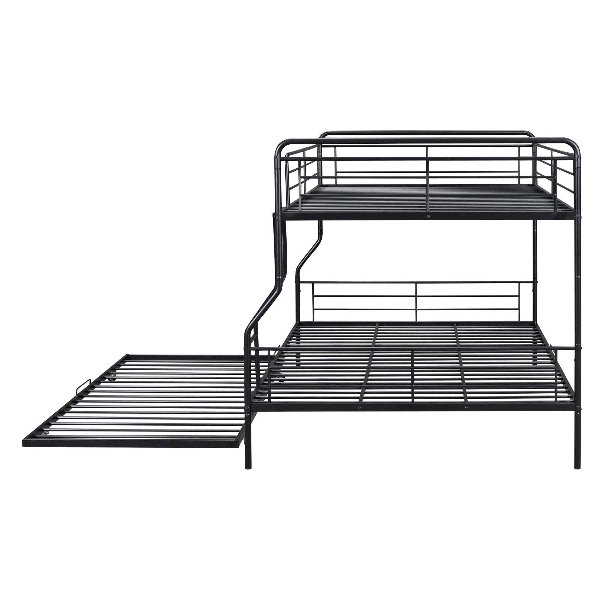 MAYEERTY Full XL Over Queen Metal Bunk Bed Frame with Twin Size Trundle for Kids and Adults, with Full-Length Guardrail, Black