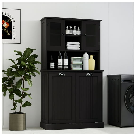 Laundry Hamper Cabinet - Tall Tilt-Out Dirty Clothes Basket with Shelves - Black