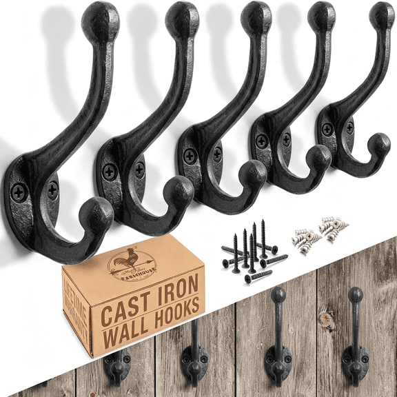 ZHZFKQ Rustic Cast Iron Coat Hooks (5 Pack) Wall Mounted Farmhouse Decorative Wall Hooks,Vintage Hooks for Hanging Coats,Bags,Hats,Towels (Antique Black,Includes Hardware)