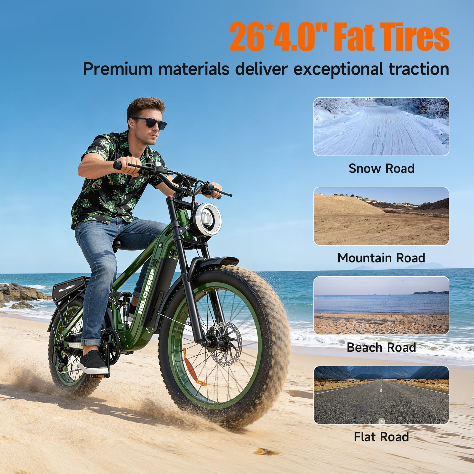 Helokeep 26" Green Fat Tire High Performance Cargo Electric Bike for Men, 4000W Peak 2000W, 40MPH, 48V 25Ah UL2849 Off-Road Ebike