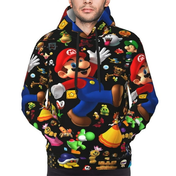 Saiise Mario P Men's Graphic Print Long Sleeve Drawstring Hoodie Pullover Sweatshirt-4X-Large