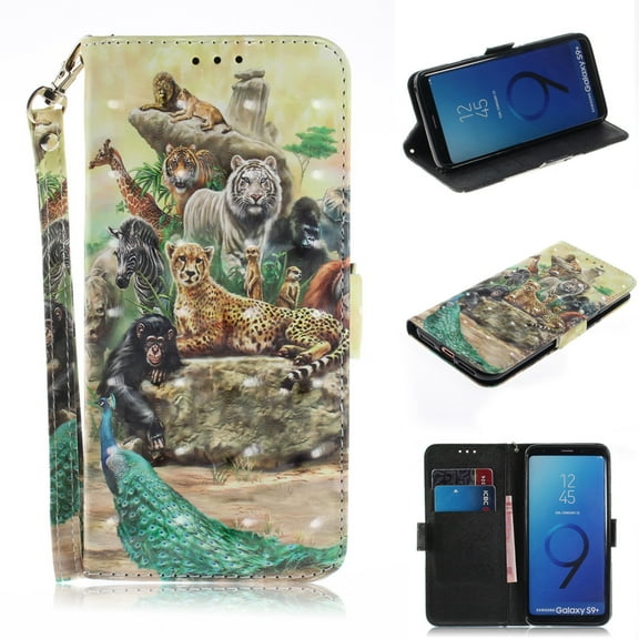 Galaxy S9 Case, S9 Case, Allytech 3D PU Leather Protective Cover & Pocket Lanyard Wallet with Cards Holder, Support Kickstand Slim Case for Samsung Galaxy S9, Zoo