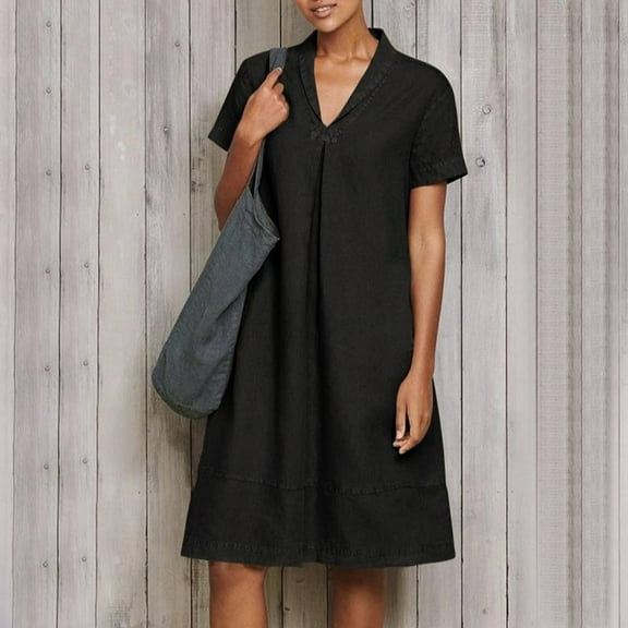 Breaise Womens Cotton Linen V Neck Dresses Solid Short Sleeve Lapel Collar Knee Length Dresses Dressy Casual Loose Mini Dresses Flowy Summer Work Dresses Plus Size Black L