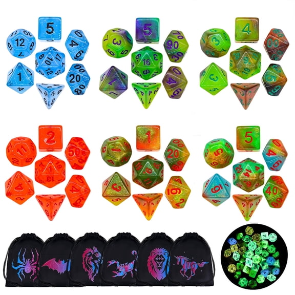 SWAJUJA Glow in the Dark DND Dice Set, 42PCS 6 Complete Polyhedral Dice Sets with Velvet Dice Bags for Dungeons & Dragons, RPG Tabletop Games
