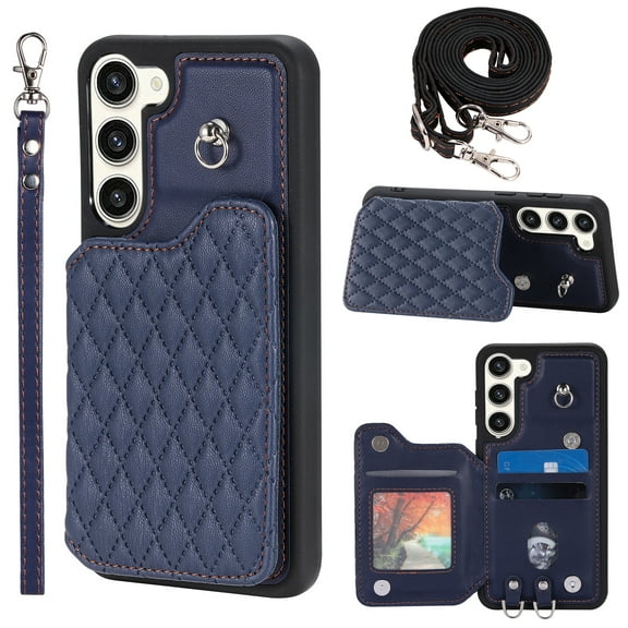 Compatible with Samsung Galaxy S23 Plus Wallet Case, PU Leather with Card Holder Kickstand Removable Shoulder Strap & Lanyard Case Protective Back Case Cover for Samsung Galaxy S23 Plus, Darkblue