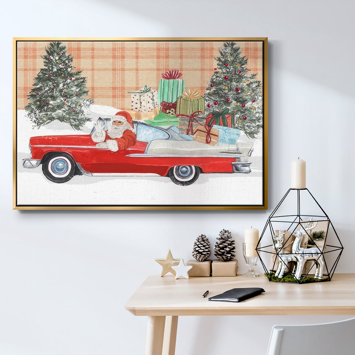 Santa on Wheels II - Framed Gallery Wrapped Holiday Canvas - 17 x 25 - Gold Frame