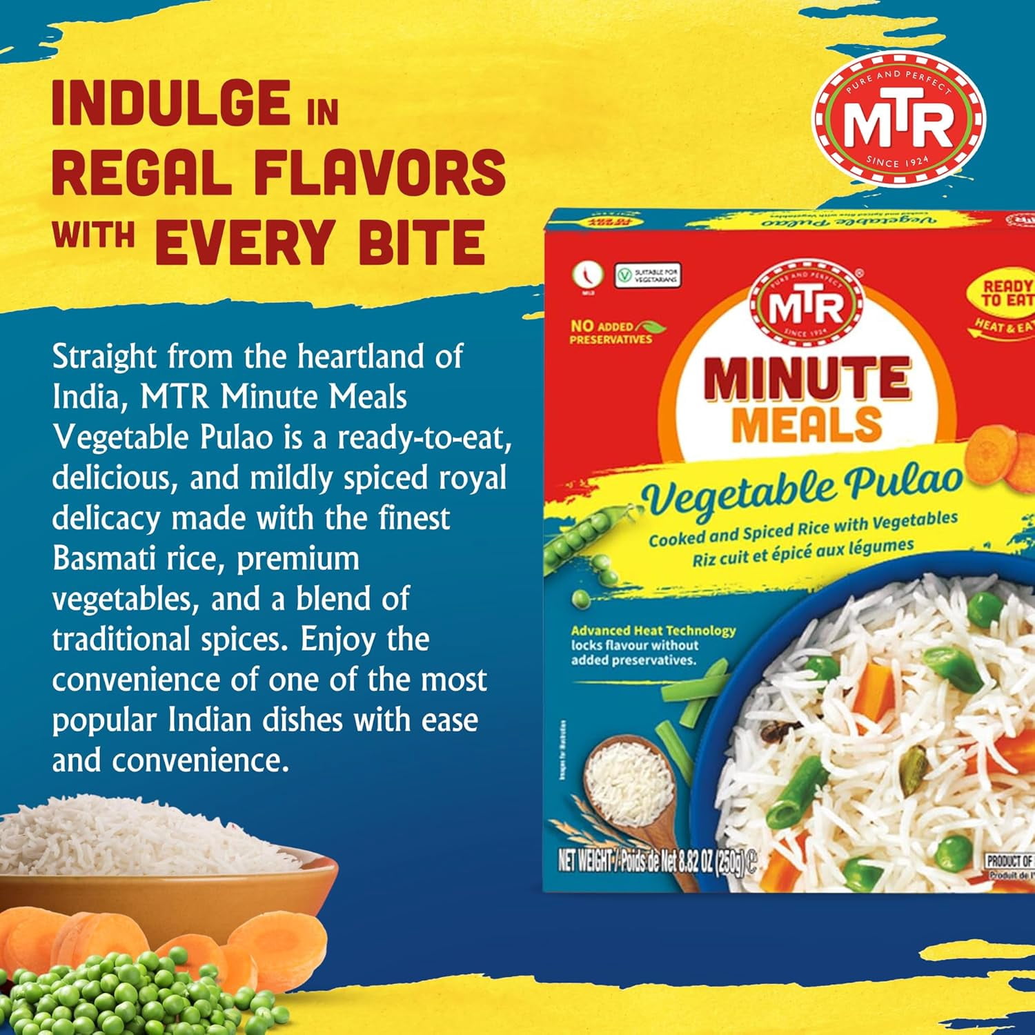 MTR Vegetable Pulao - Microwavable Rice Packs for Instant Meals - Authentic Indian Ready-To-Eat Meal - Delicious & Nutritious Rice Ready in Minutes - Suitable for Vegetarians (250g, Pack of 6)