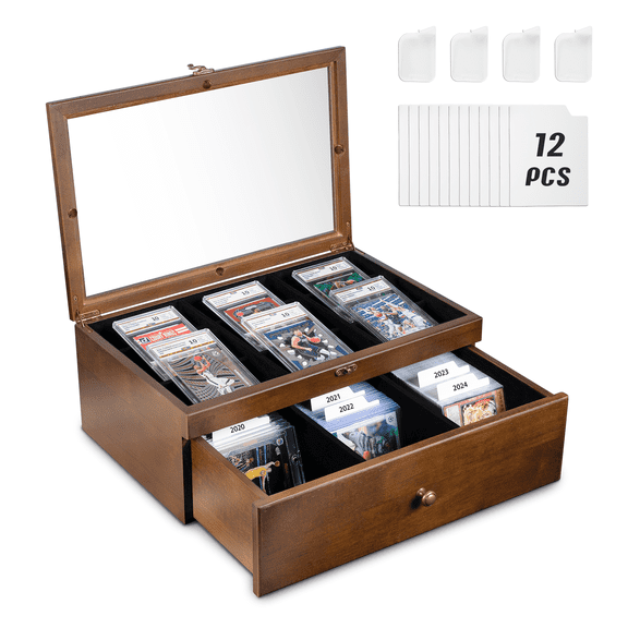 Trading Card Storage Box, 70  Graded Card Storage Box with Custom Drawer, Wood Sports Card Storage Display Case with Large Clear Window