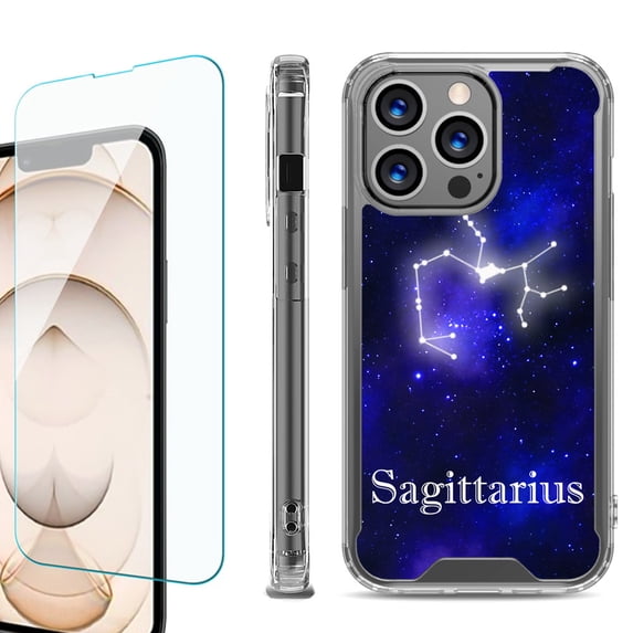 Shockproof Bumper Phone Case for iPhone 13 Pro Max, with Tempered Glass Screen Protector, by OneToughShield ® - Zodiac / Sagittarius