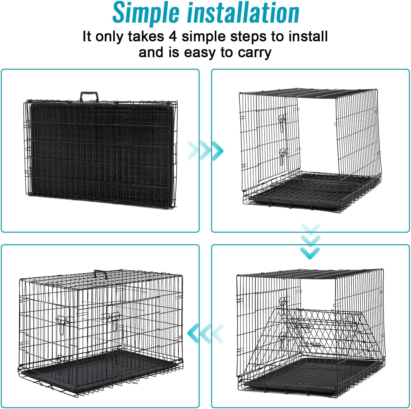 FDW 24 inch Foldable Metal Dog Crate for Small Dogs, Double Door, Divider, Removable Tray(Black)
