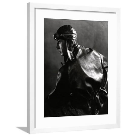 Half-Length Portrait in Profile of a Motor Cyclist with Leather Jacket and Helmet Framed Print Wall Art By Carlo Wulz