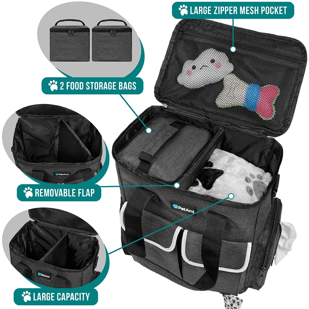 PetAmi Dog Travel Bag Pet Supplies Accessories Organizer For Traveling, Camping, Weekend; Cat Pet Travel Bag Kit includes 2 Food Storage Containers, 2 Collapsible Bowls, 1 Feeding Mat (Dark Gray)