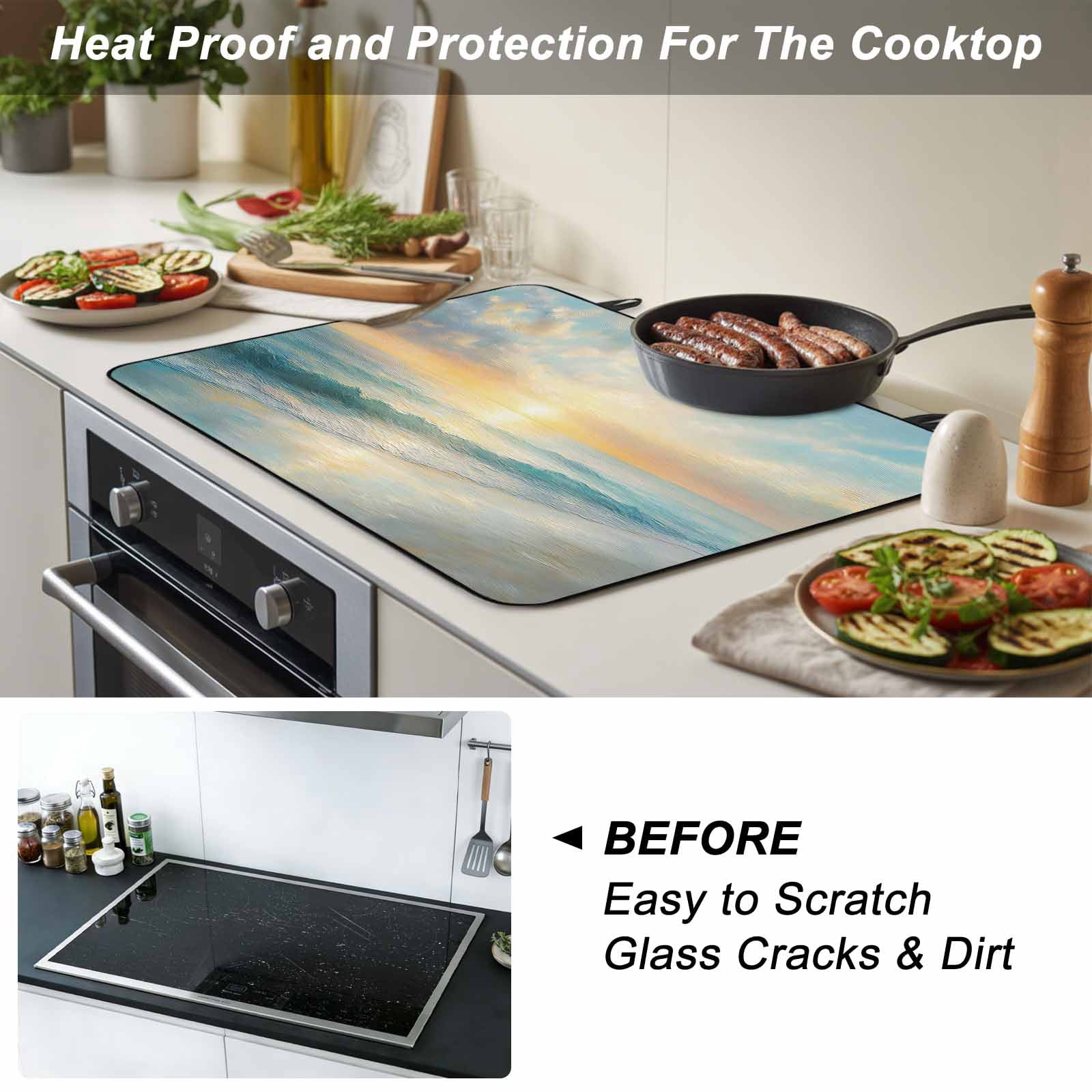 Ocean Sunrise Coastal Stove Top Cover for Electric Stove, Heat-proof & Non Slip Glass Top Stove Cover Protector, Summer Beach Abstract Art Kitchen Flat Cooktop Rubber Mat 24x21 Inches