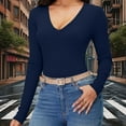 thumbnail image 3 of Otntypg Women Long Sleeve V Neck Shirts for Women Business Casual Work Top Knit Slim Fit for Fall Spring Lightweight Thin Basic Tees Blouse Navy M, 3 of 9