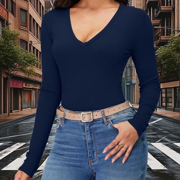 Women's Long Sleeve Shirts Scoop Neck Tight Slim Fit Tops Casual Stretchy Basic Tee Fall Layer Navy XL