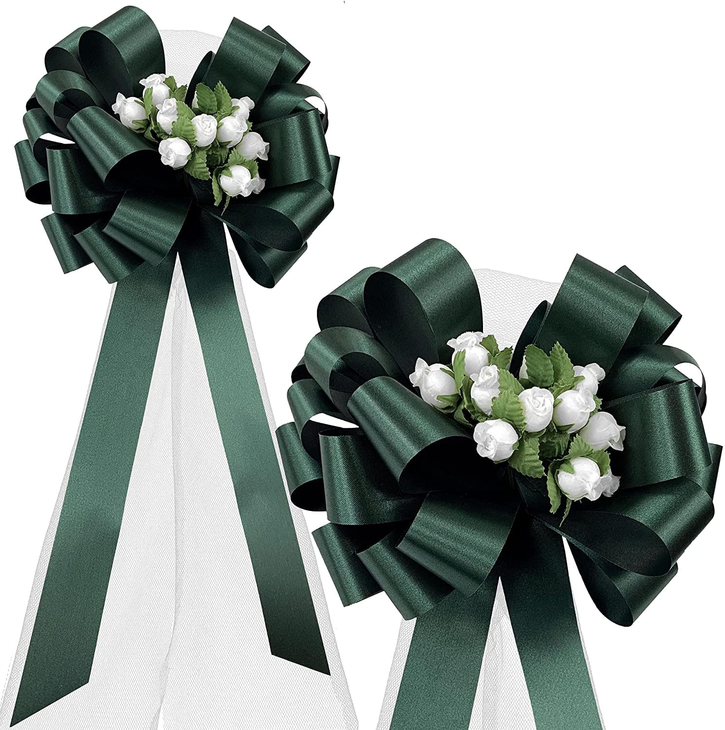 Hunter Green Pull Bows with Tulle Tails and Rosebuds - 8" Wide, Set of 6, Christmas, Wedding, St. Patrick's Day