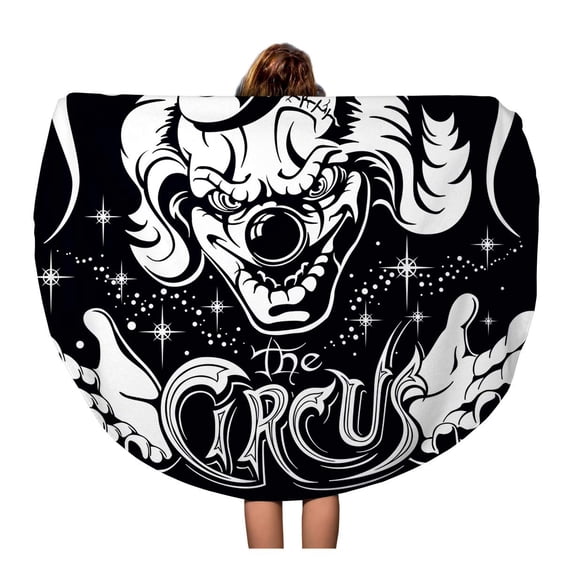 SIDONKU 60 inch Round Beach Towel Blanket Scary Clown Head His Hands and Old Inscription Circus Travel Circle Circular Towels Mat Tapestry Beach Throw