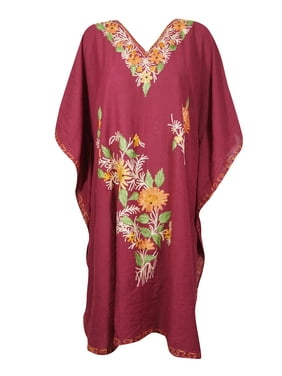 Mogul Women Maroon Short Kaftan Dress Floral Embroidered Kimono Sleeves Resort Wear Housedress One Size