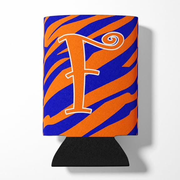 Letter F Initial Tiger Stripe Blue and Orange Can or Bottle Hugger