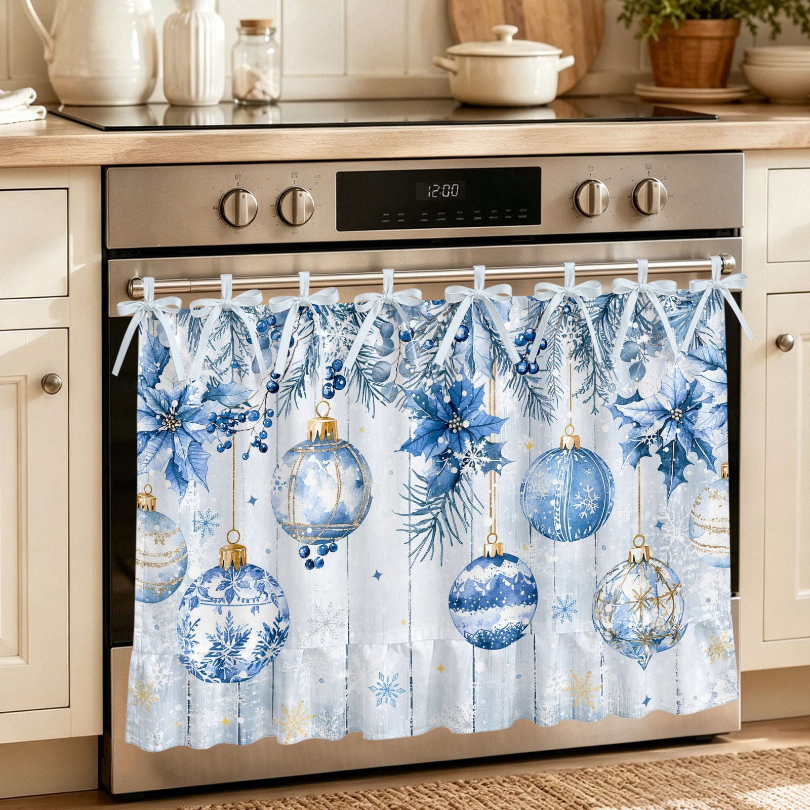 Oven Curtain for Kitchen Christmas Light Balls Blue Poinsettia Stove Curtain With Ruffled Trim Dishwasher Curtains Pine Needle Berry Wood Oven Skirt 27 x20