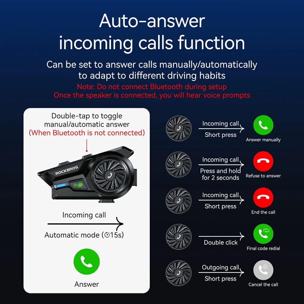 ROCKBROS R1 Motorcycle Helmet Bluetooth Headset, Bluetooth 6.0 Communication System with AI Noise Reduction, 300M Intercom, IP56 Waterproof Hi-Fi Helmet Speakers