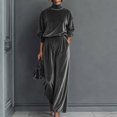thumbnail image 2 of Women's Plush Velvet 2 Piece Loungewear Outfits Mock Neck Long Sleeve Tops and High Waisted Wide Leg Pants Sets Vintage Casual Tracksuit Dark Gray, 2 of 7