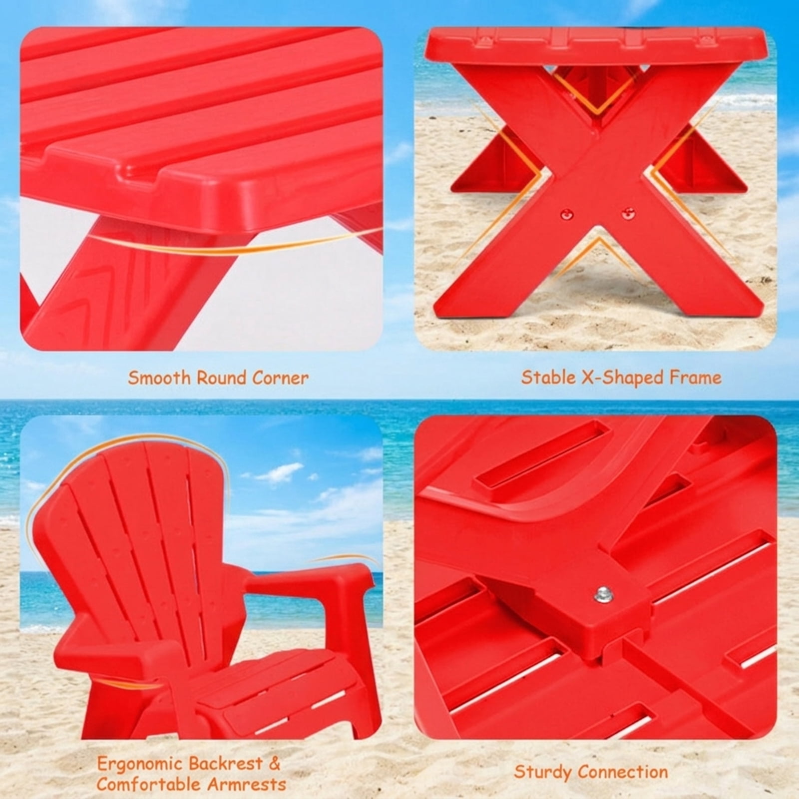 Furnibear 3-Piece Plastic Kids Table and Chair Set with Durable PP Build for Playroom and Outdoor Childrens Activity Table with 2 Chairs, Red