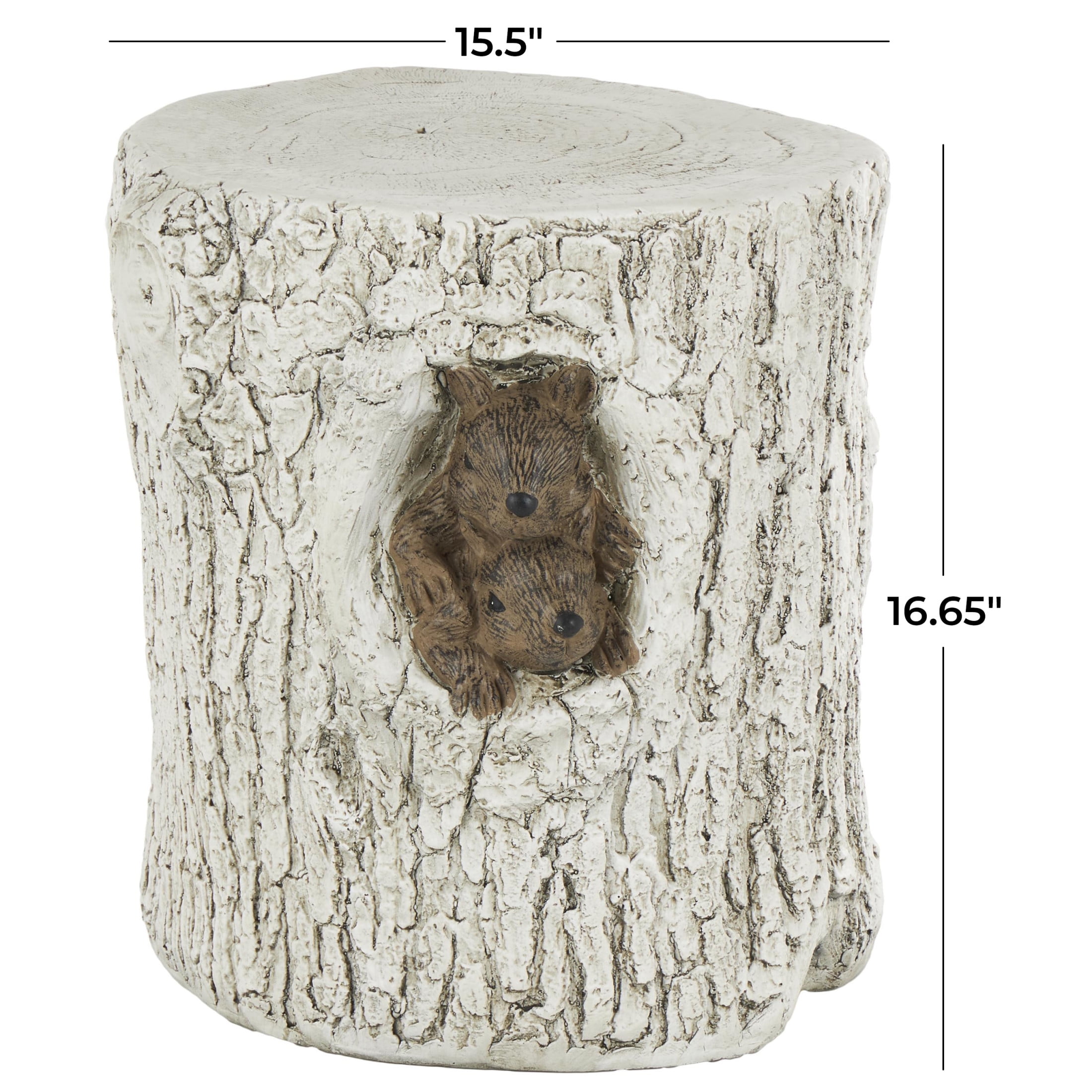 DecMode Magnesium Oxide Squirrel Tree Trunk Garden Stool with Brown Accents, White