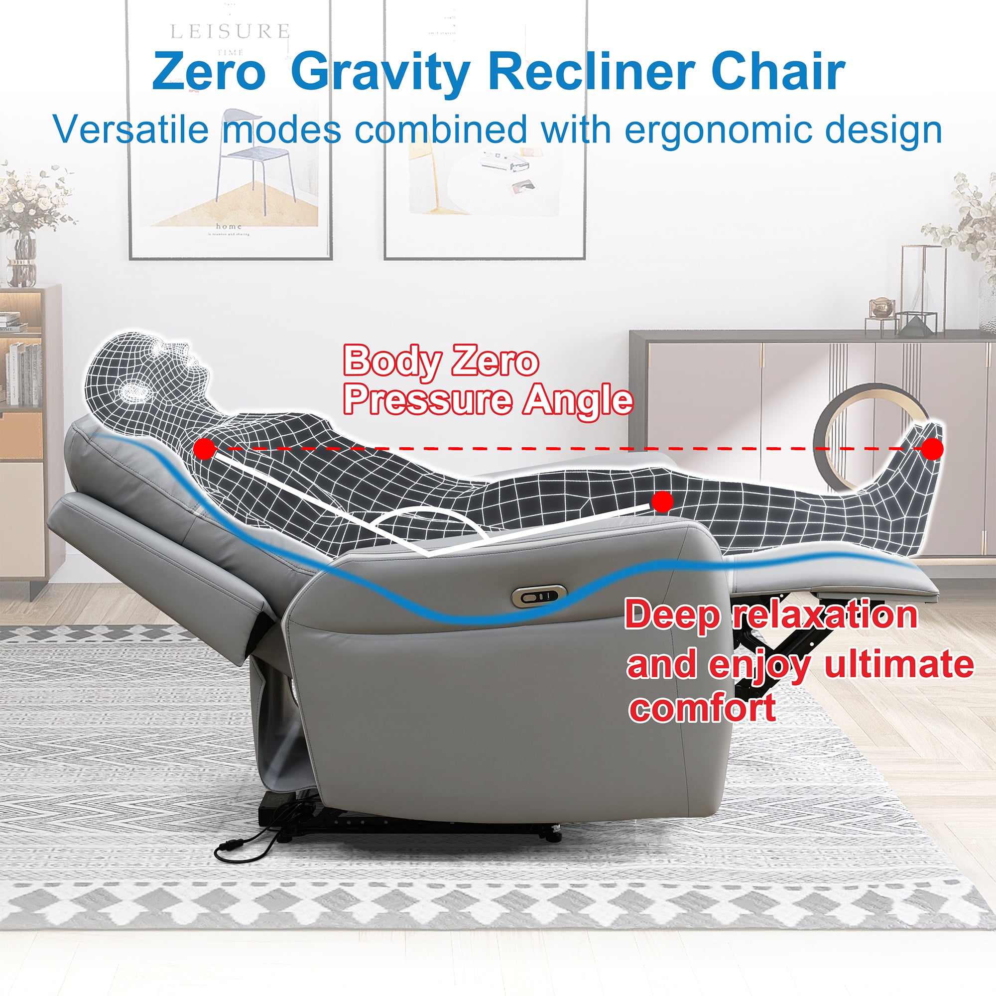 Gewnee Power Reclining Multifunctional Sofa with USB & Wireless Charging, Air Leather, Storage Console, Living Room,Silver Gray